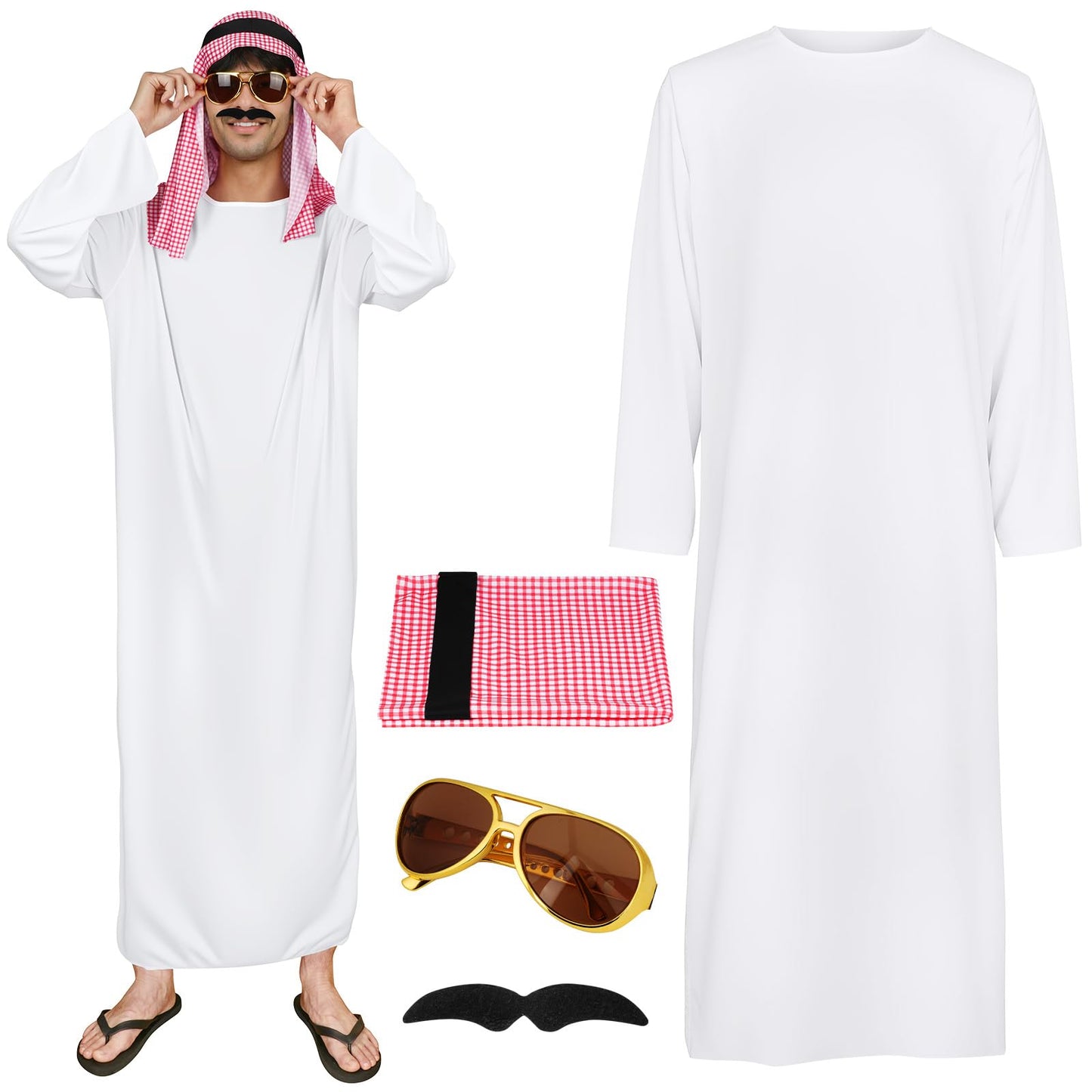 BSBUY Arab Sheik Costume Men White Sheik Robe Arabischen Gebetskleidung Middle Eastern Clothes Outfit Include Robe Hijab Eyeglasses Beard Halloween Christmas Party Birthday Cosplay Fancy Dress Up