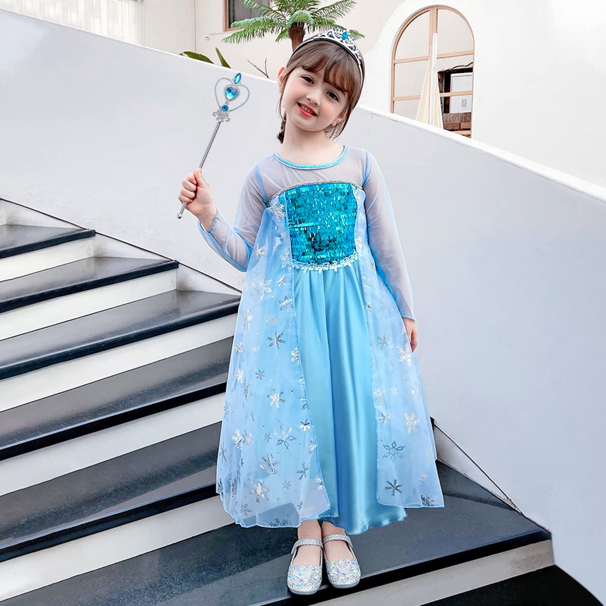 URAQT Princess Costumes for Girls, Snow Queen Princess Dress up, Ice Snow Princess Costume with Fairy Wand and Crown Tiara, Deluxe Girls Fancy Dress for Party Cosplay Bridesmaid Pageant(130)