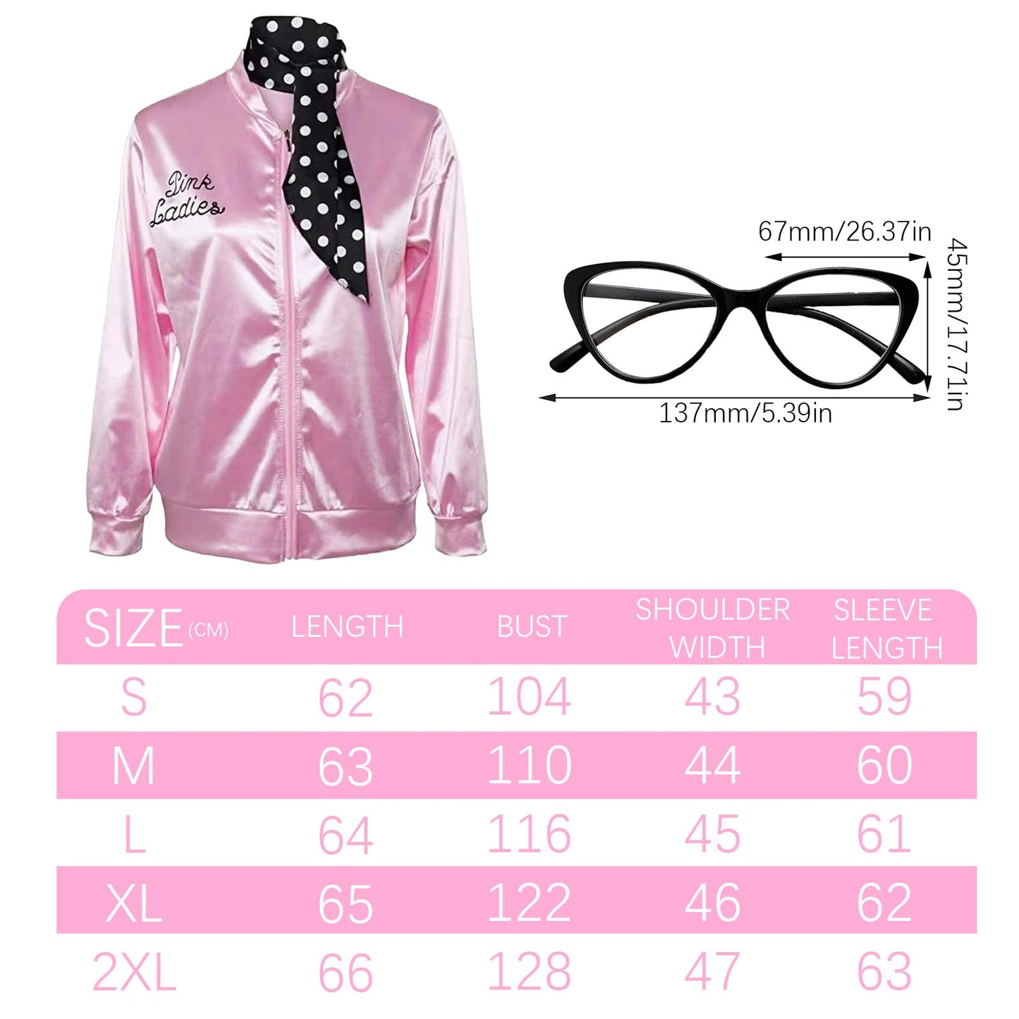 SSKHE Ladies Pink Grease Jacket with Neck Scarf Glasses, Halloween Cosplay Costume Fancy Dress, 1950s Pink Satin Jacket Outfit for Women Festival Carnival Christmas 80s Party