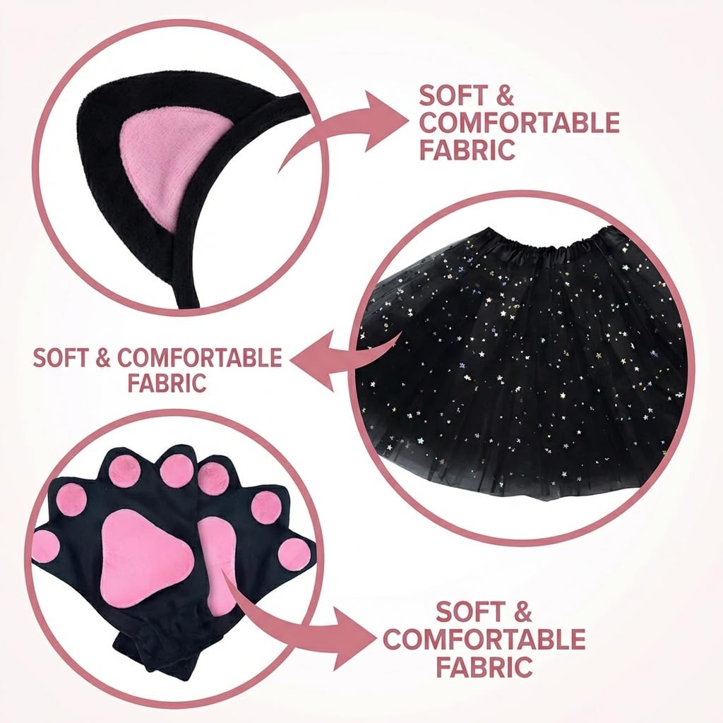 Cat Costume for Girls Kids Animal Fancy Dress with Black Tutu Skirt (image 4)