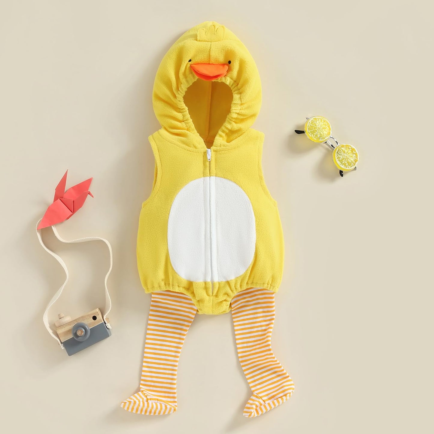 FeMereina Halloween Costumes Toddler Baby Boy Girl Animal Chick Romper Sleeveless Zip Up Hooded Cosplay Jumpsuit with Striped Socks (Yellow, 18-24 Months)