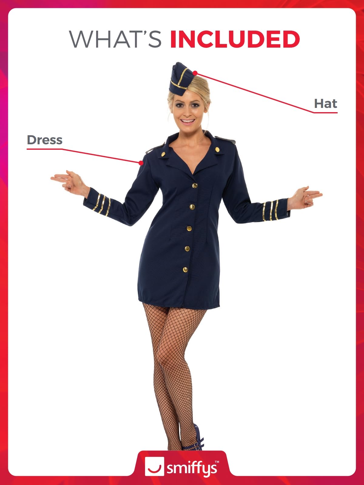 Smiffys Flight Attendant Costume, Navy Blue, 44-46