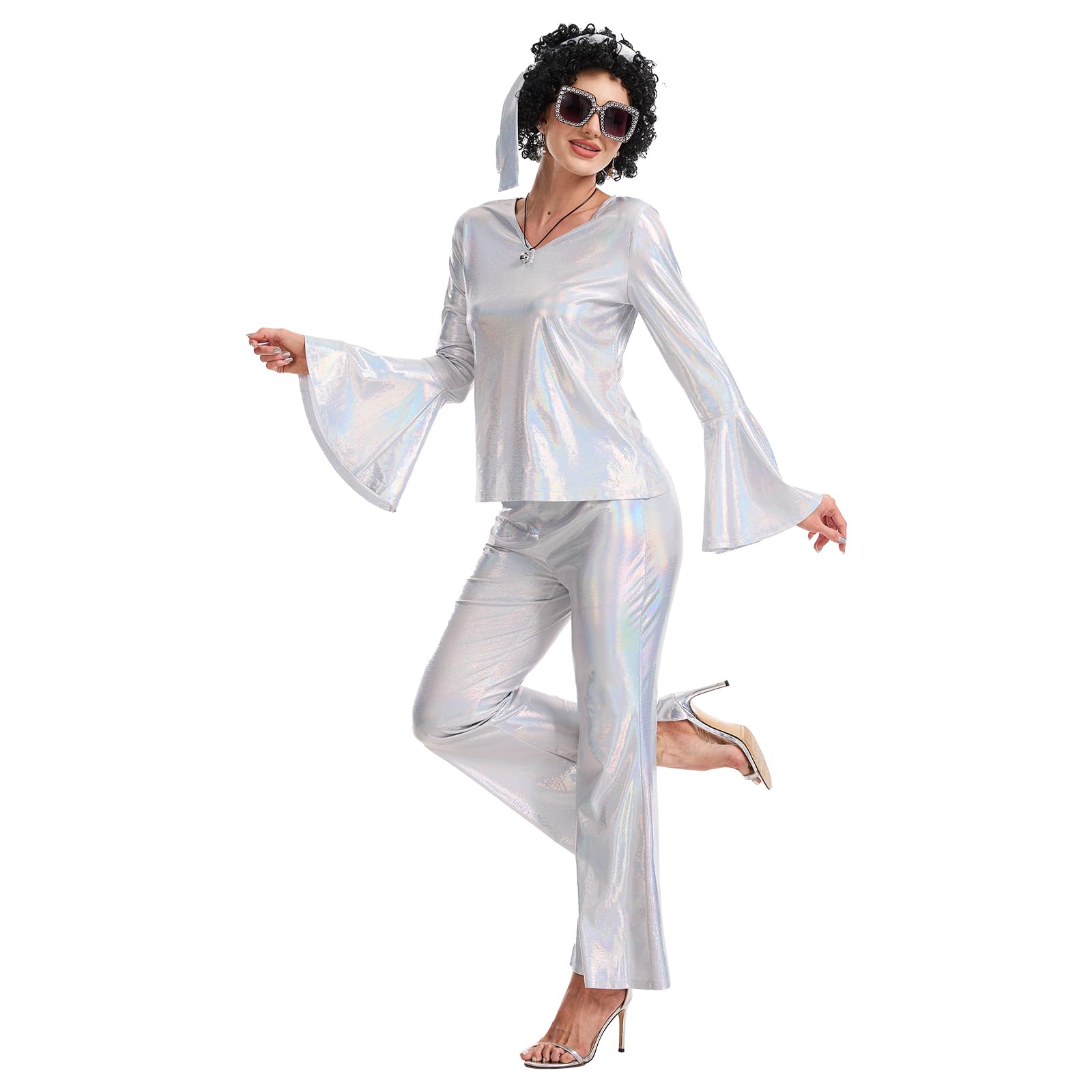 70s Fancy Disco Outfits Women - 70s Shiny Disco Costume Set (image 2)