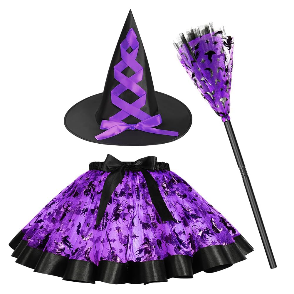 DiULi Halloween Outfits, Witch Costumes Halloween Fancy Dress Costume Wicked Witch Girl Costumewith Tutu Skirt Hat Witches Broom for Girls Cosplay,Purple