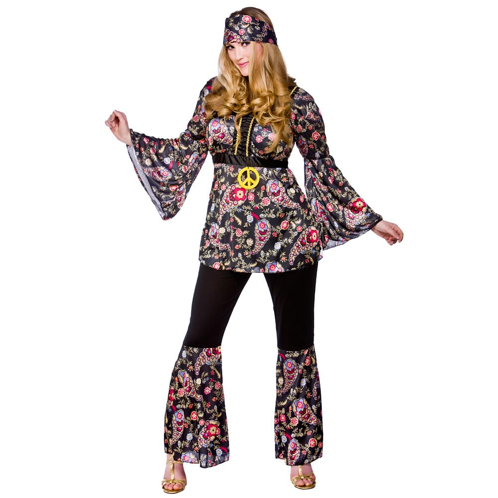Wicked Costumes Adult Womens Peace Lovin Hippie Fancy Dress Costume 1970s Flower Power Outfit for Halloween Disco Party Medium (UK 14-16)