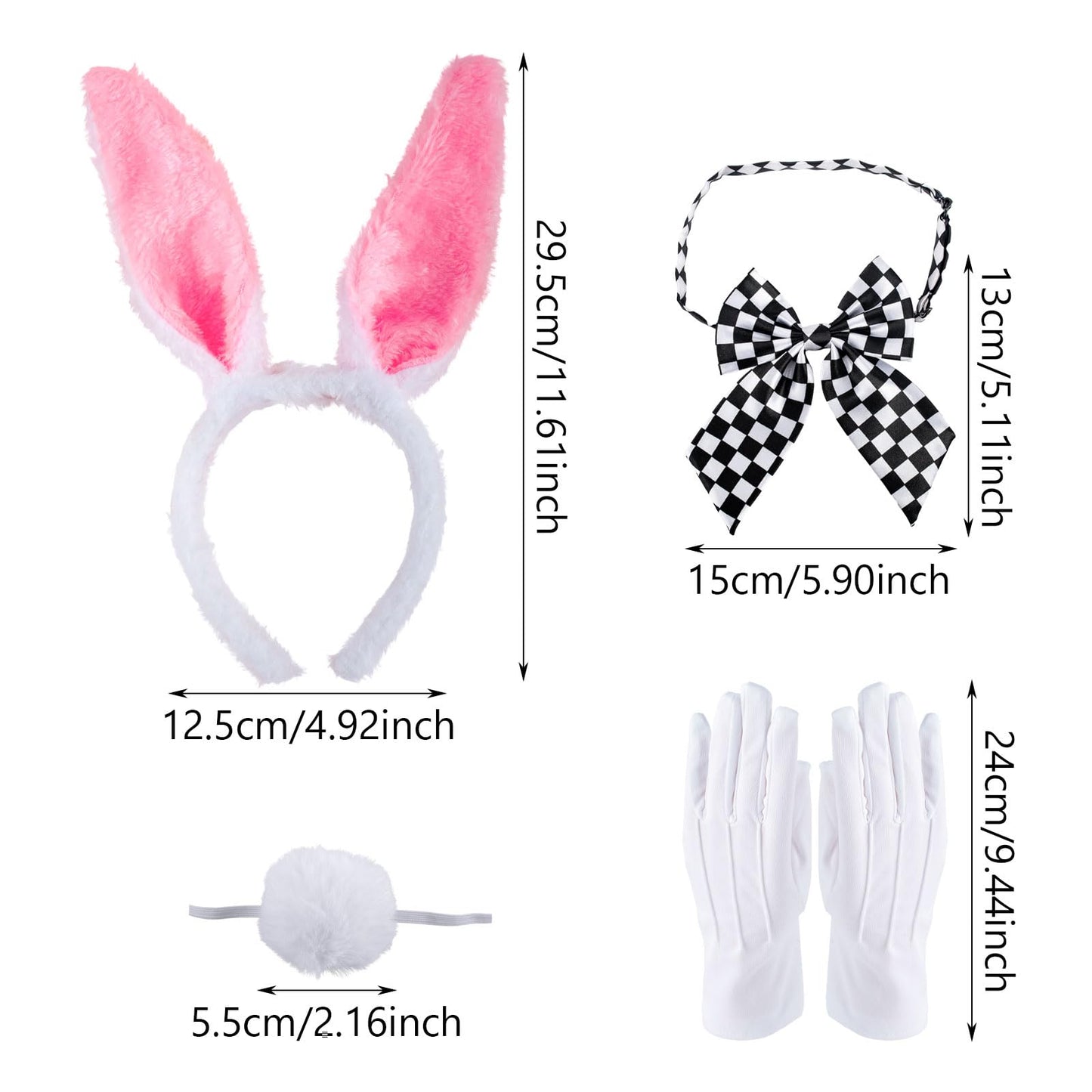 SSKHE 5PCS Bunny Costume Accessories Set,Wonderland Rabbit Fancy Dress Set,Rabbit Fancy Dress Costume Accessory Set with White Ears, Bowtie,Tail,Nose, Gloves for adults