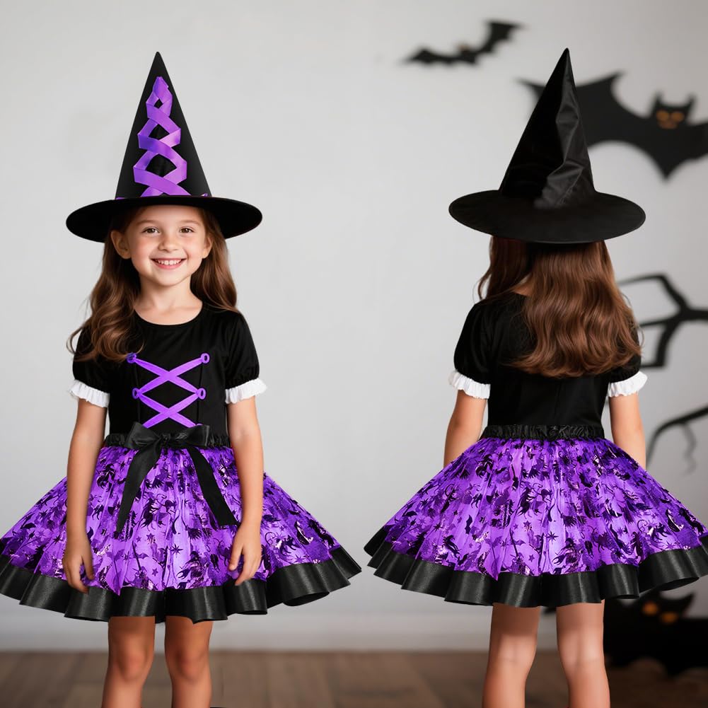 DiULi Halloween Outfits, Witch Costumes Halloween Fancy Dress Costume Wicked Witch Girl Costumewith Tutu Skirt Hat Witches Broom for Girls Cosplay,Purple