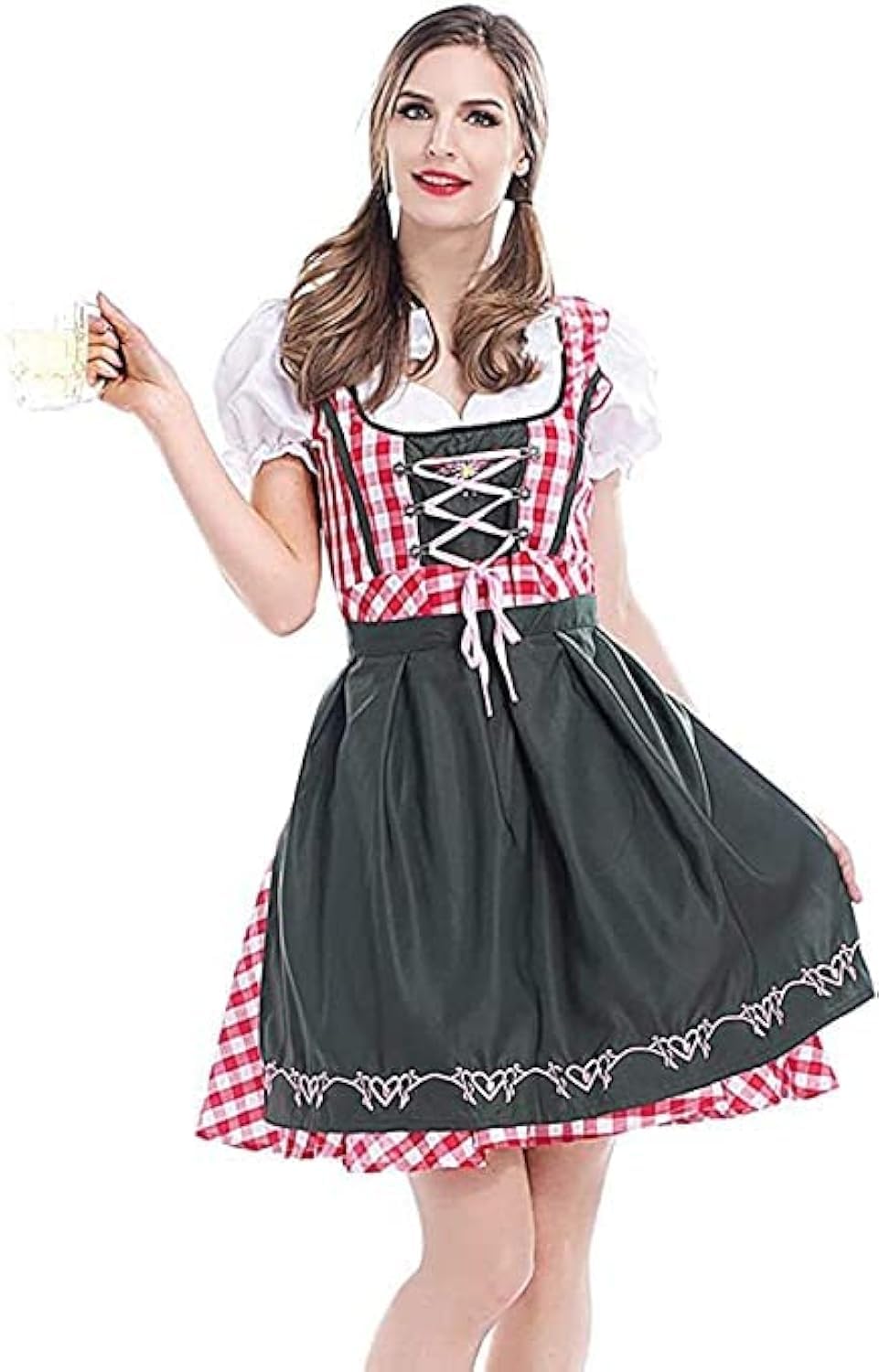maxToonrain Oktoberfest Outfit Women German Beer Bavarian Dirndl Dress Plaid Short Sleeve for Halloween Beer Festivals (Red Gingham Black Apron, S)