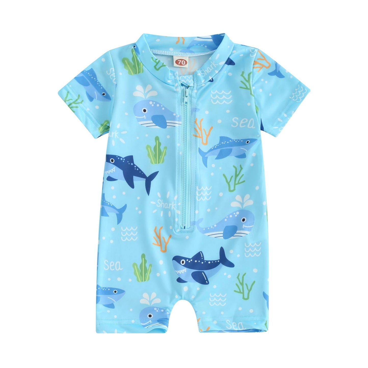 BABWWNIX Baby Boy Swimsuit Swimming Costume Rash Guard Zipper One Piece Short Sleeve Sunsuit Beach Swimwear Bathing Suits (Baby Swimming Costume-Sky Blue, 18-24 Months)