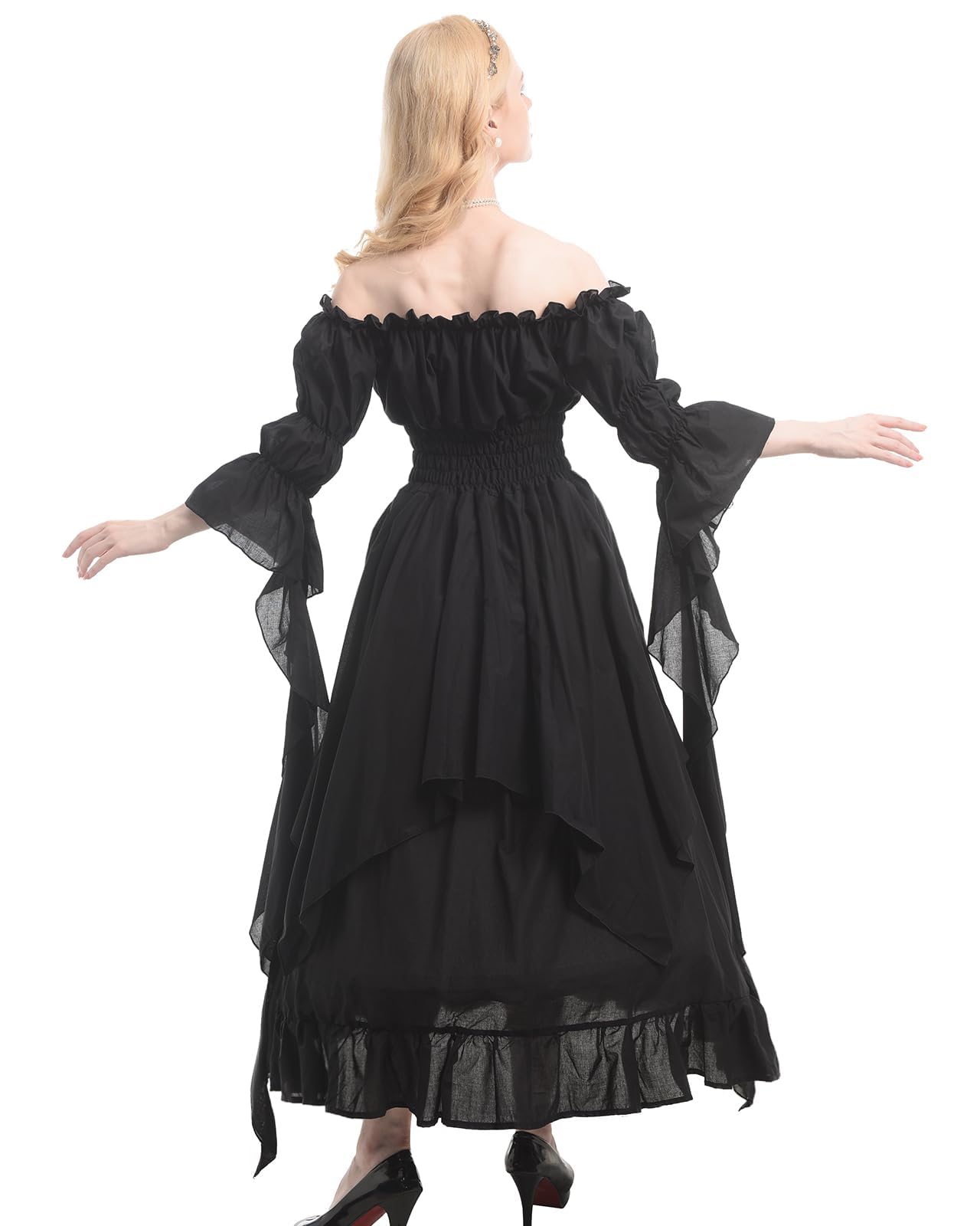 CR ROLECOS Women's Victorian Dress Puff Sleeve Off Shoulder Ruffle Plus Size Medieval Costume for Women Renaissance Dress Black XXL/3XL
