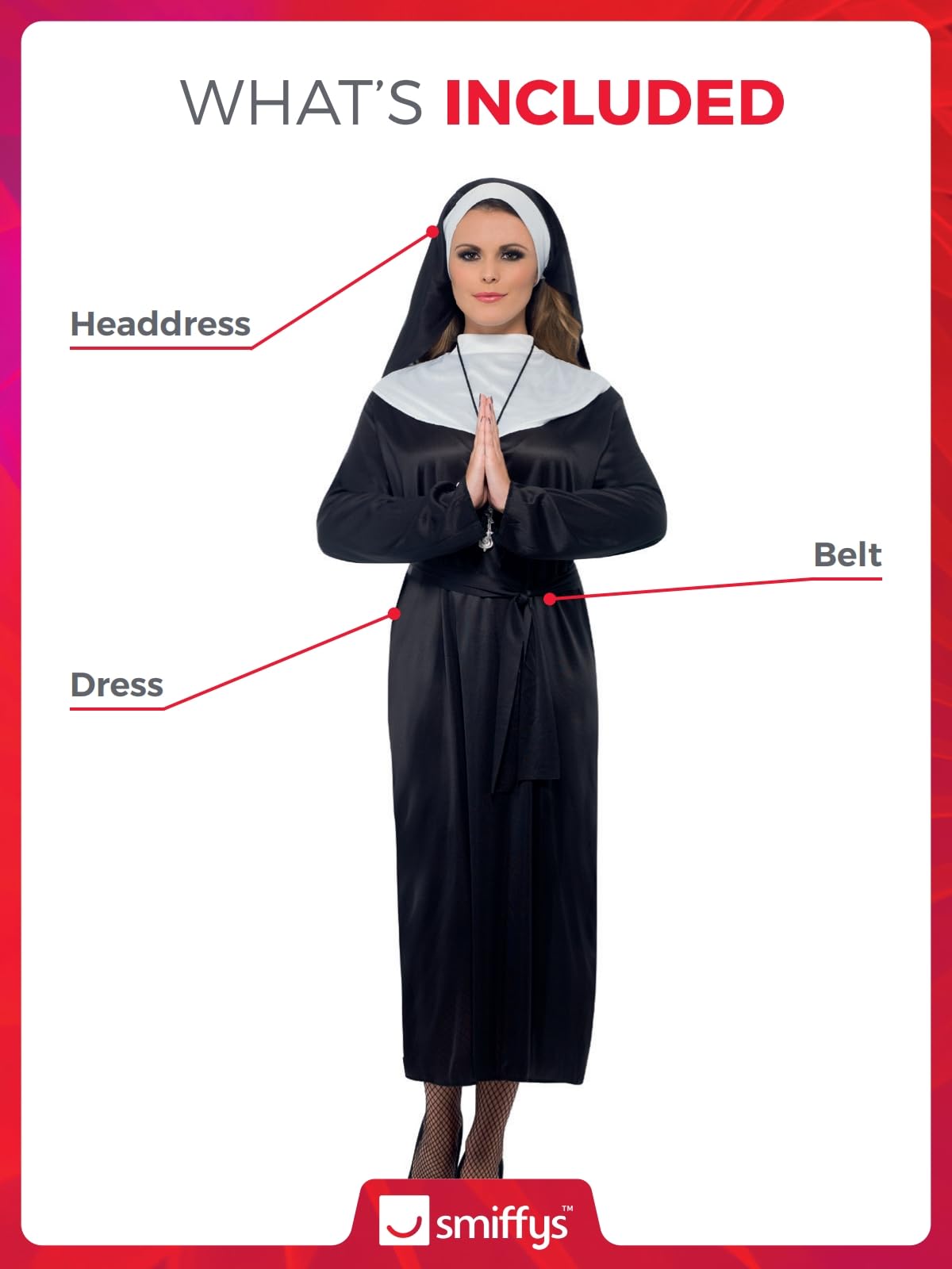 Smiffys Nun Costume for Women, Black and White Religious Fancy Dress Outfit Featuring Full-Length Dress, Belt, and Headdress, Classic Saints Sinners Halloween Adults Fancy Dress Parties, Medium