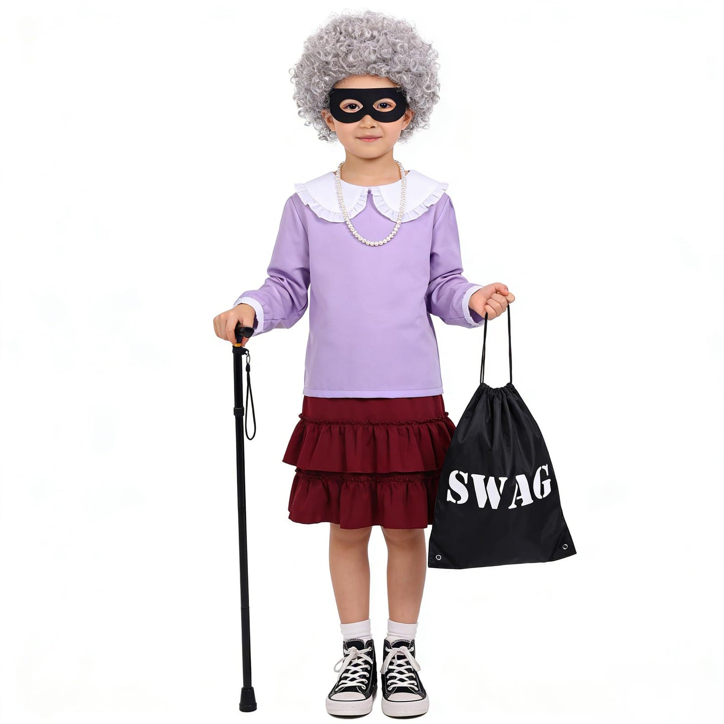 gyoyede Gangster Granny Costume Set,World Book Day Costumes for Teens 2026 - Grey Wig, Robber Eye Mask, Swag Bag, Pearl Necklace and Cane for Storybook WBD Fancy Dress Up Cosplay Party Accessories