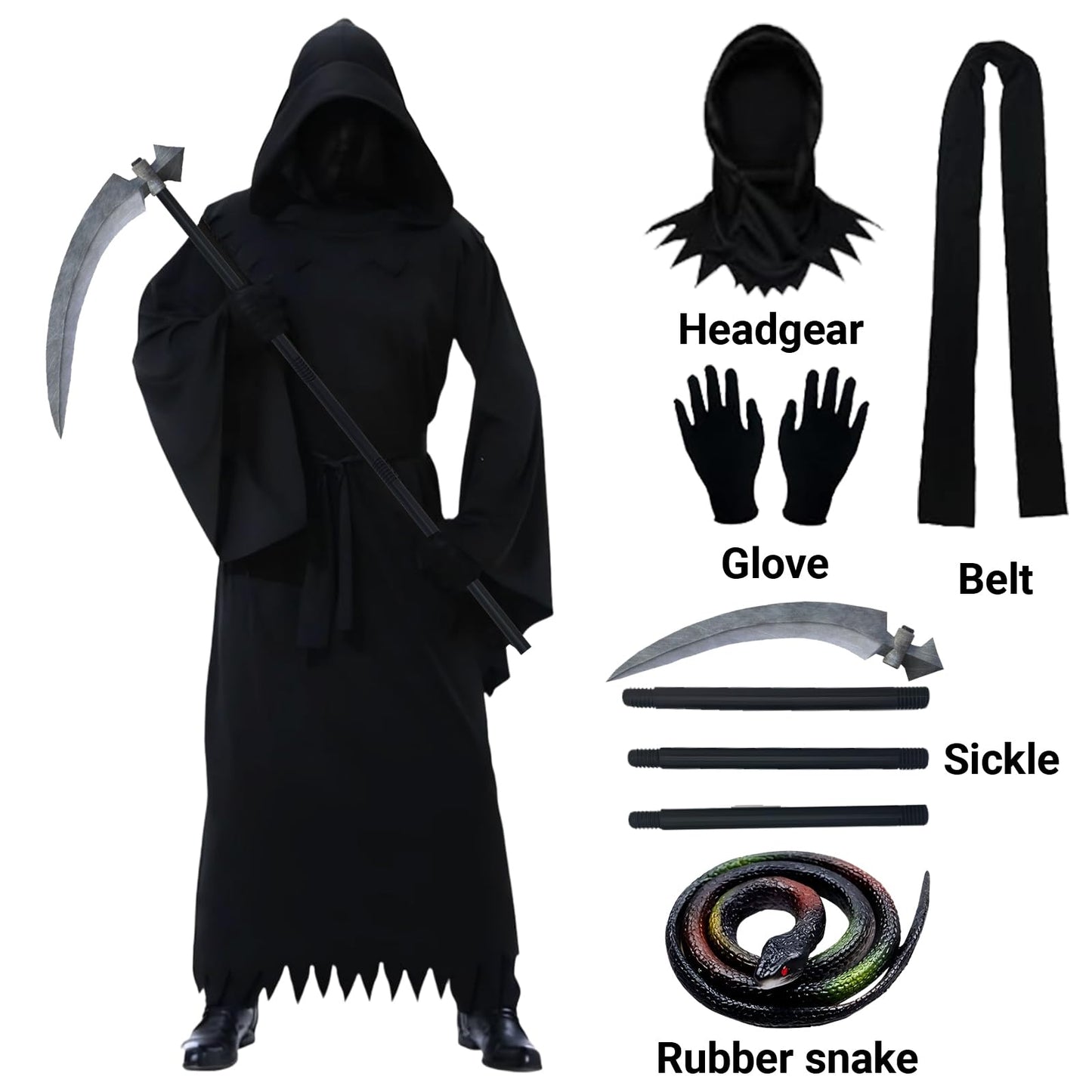 PULASIDO Halloween Costumes, Grim Reaper Costume Set for Girls Boys Adults, Spooky Halloween Costume Set for Adults Scary Ghost Cosplay Masquerade Tunic Outfit with Scary Snake