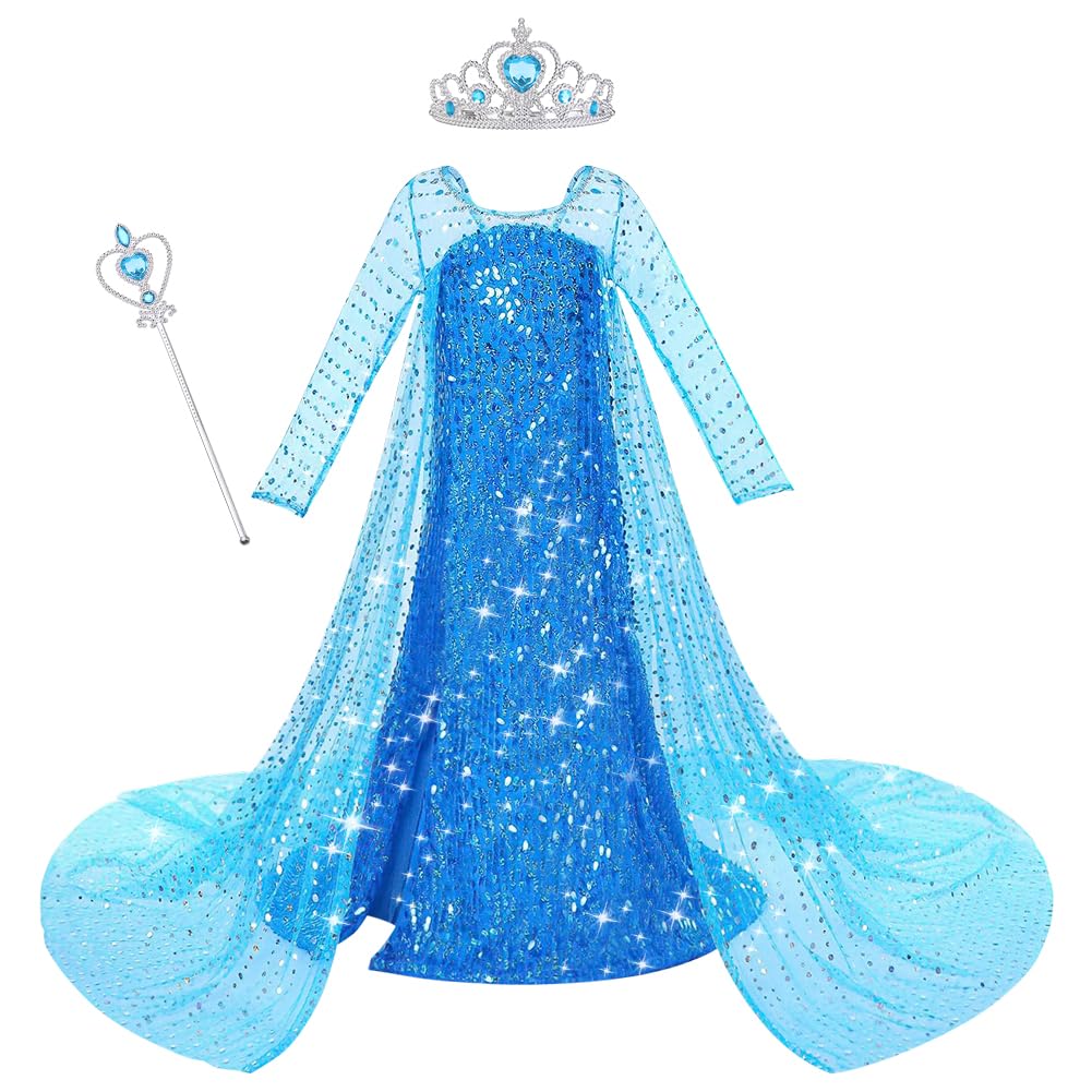 ACWOO Princess Dress, Princess Costume with Fairy Wand and Crown Tiara, Fancy Dress for Girls, Deluxe Shining Snow Queen Fancy Dress for Birthday, Halloween, Cosplay, Party, Bridesmaid