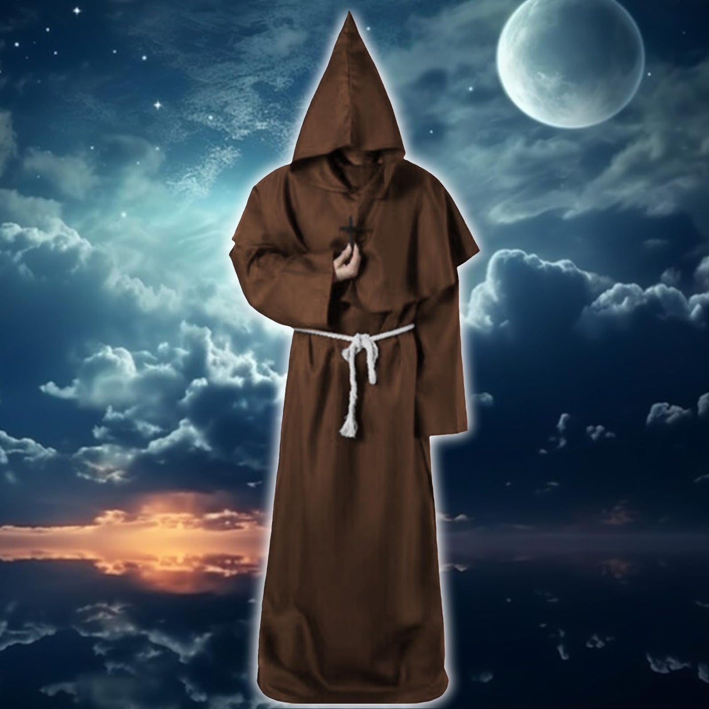 Medieval Renaissance Robes Hooded Monk Cloak with Hood Costume and Cord Burgundy Men's Priester Fancy Dress Outfits with Cross for Theme Party Halloween Cosplay Carnival For Adults (Brown, S)