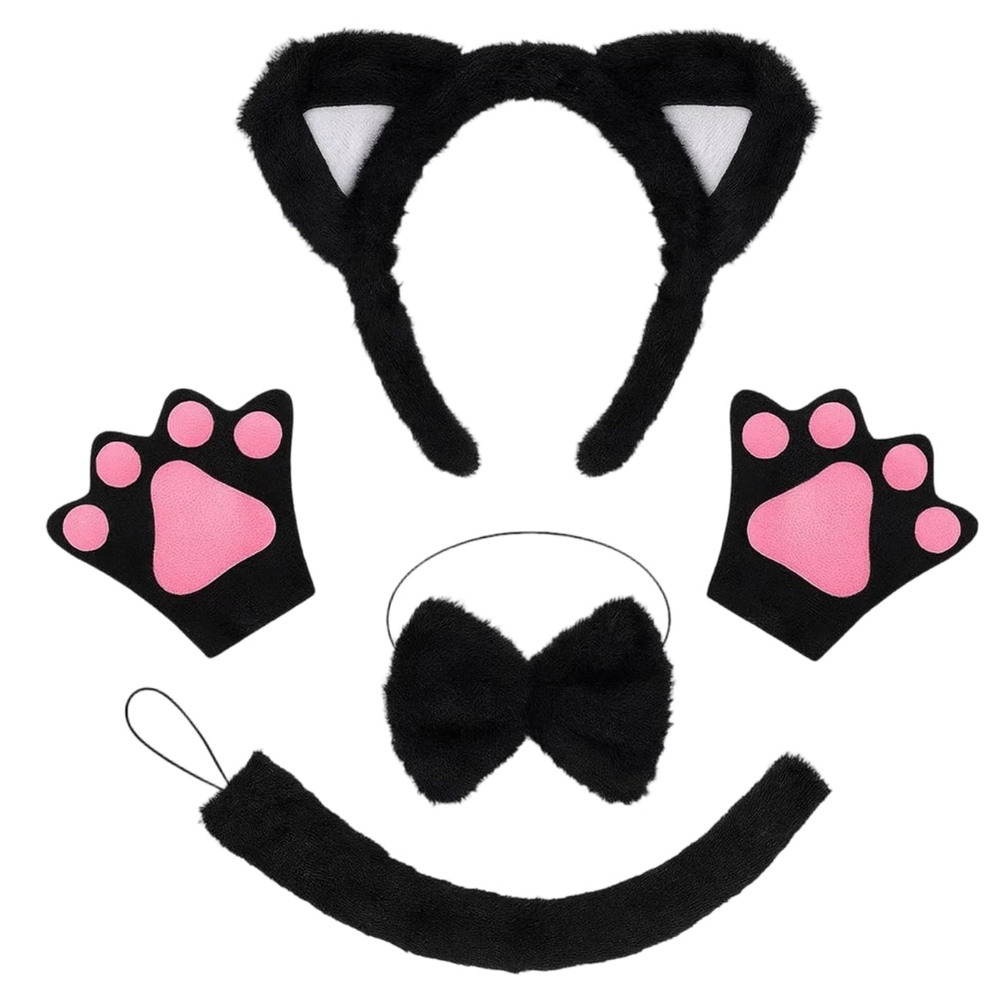 Cat Ears and Tail - Cat Costume Set with Headband - Gloves - Bow