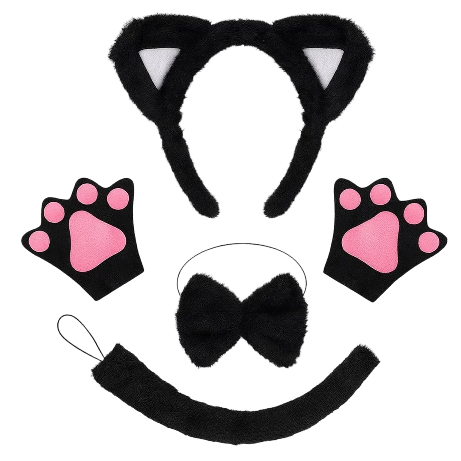 Cat Ears and Tail - Cat Costume Set with Headband - Gloves - Bow