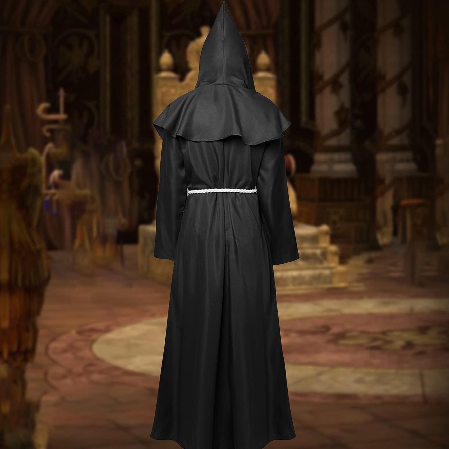 MEIRRAI Monk Robe Priest Robe Halloween Costume with Hood and Cross Ornament, Hood Women Men for Theme Party Fancy Dress (Black, XL)