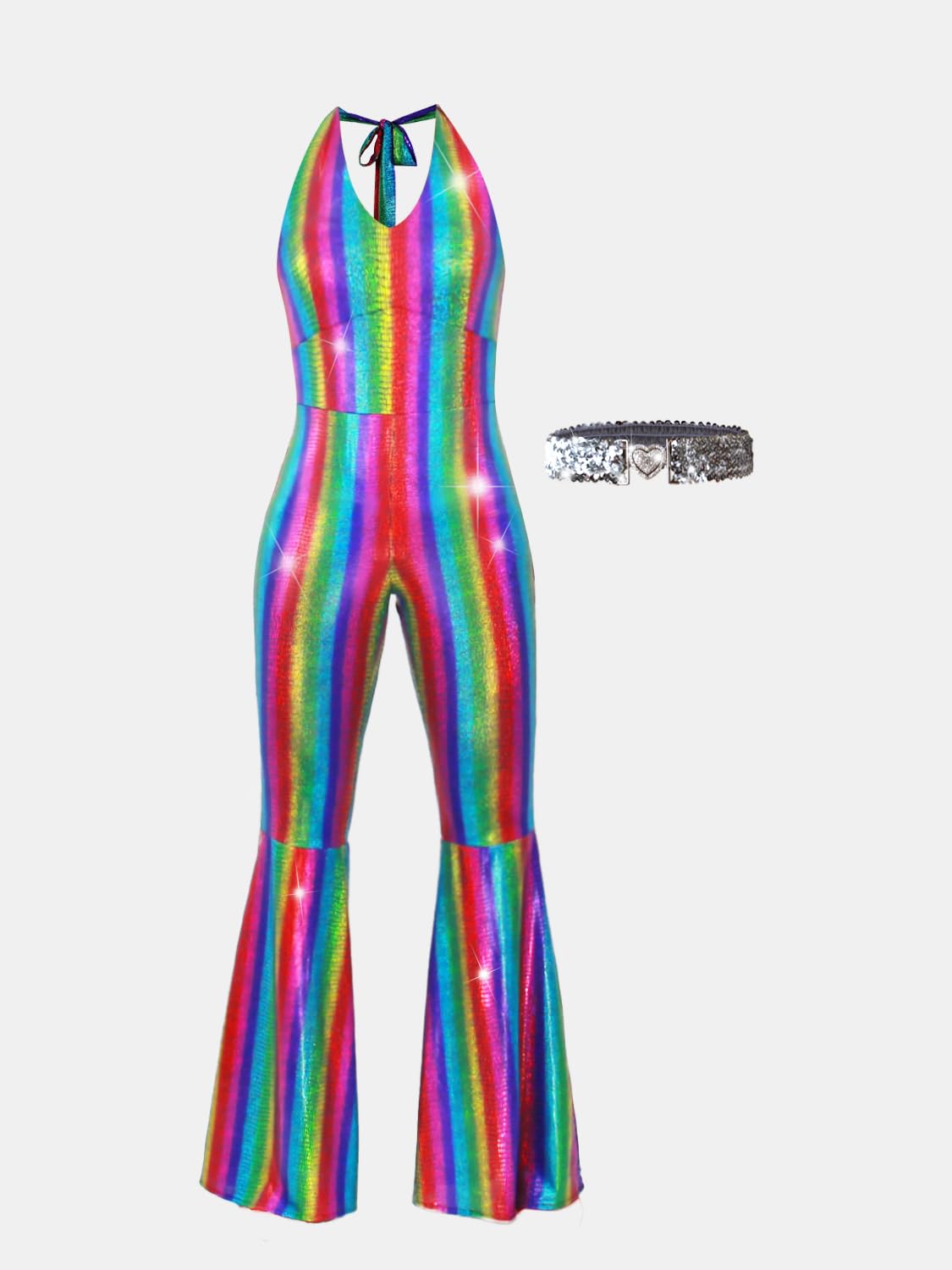 Disco Outfit 70s 80s Prom Sparkle Flare Jumpsuit Party Costume (image 2)