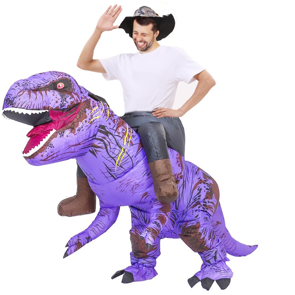 Rafalacy Inflatable Dinosaur Costume for Adult Blow up Ride-on T-rex Costume Funny Halloween Party Costume Dinosaur Party Fancy Dress up Suit, Purple