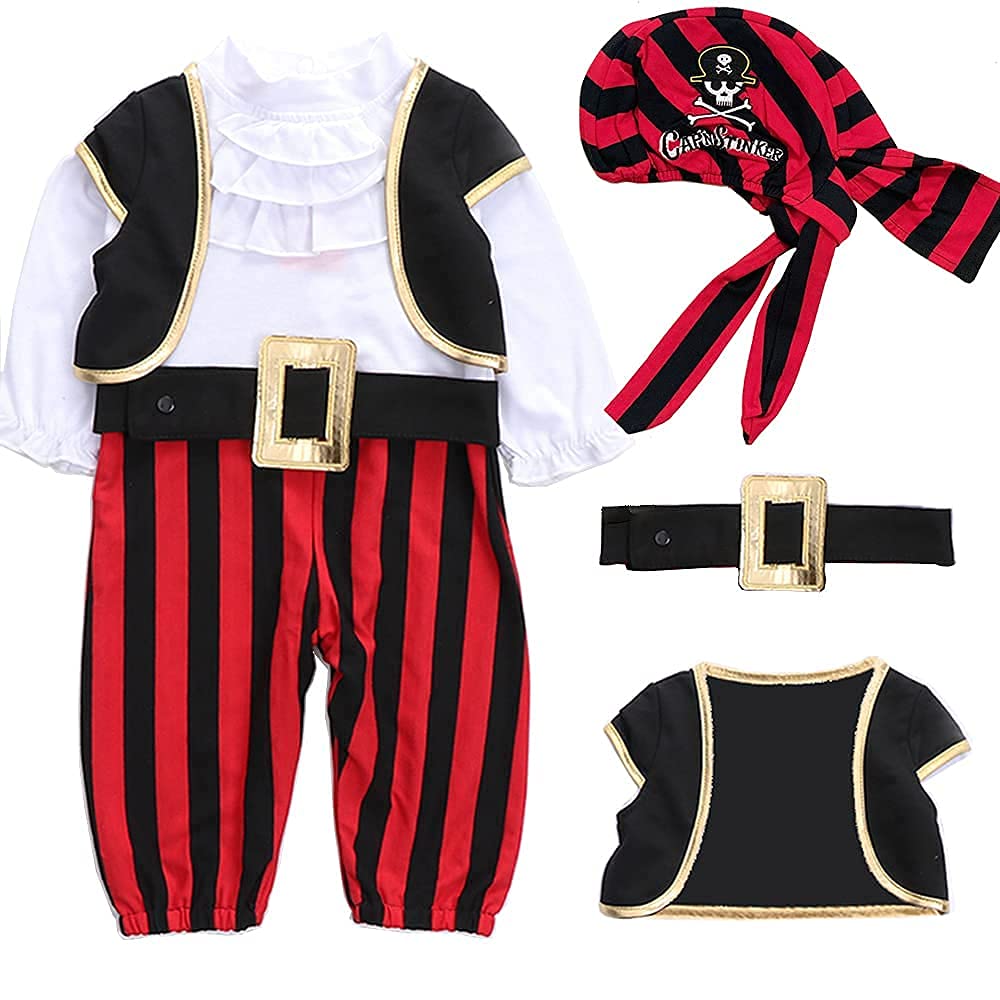 Baby Pirate Costume Toddler Pirate Outfit Baby Boy Halloween Costumes Long Sleeve Romper+Vest+Hat+Belt 4pcs set 18-24 months