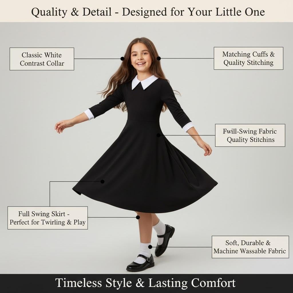 A2Z 4 Kids Girls Black Swing Dress Long Sleeve Peter Pan Collar Gothic Girl Fancy Dress - Swing Dress 673 Black 5-6