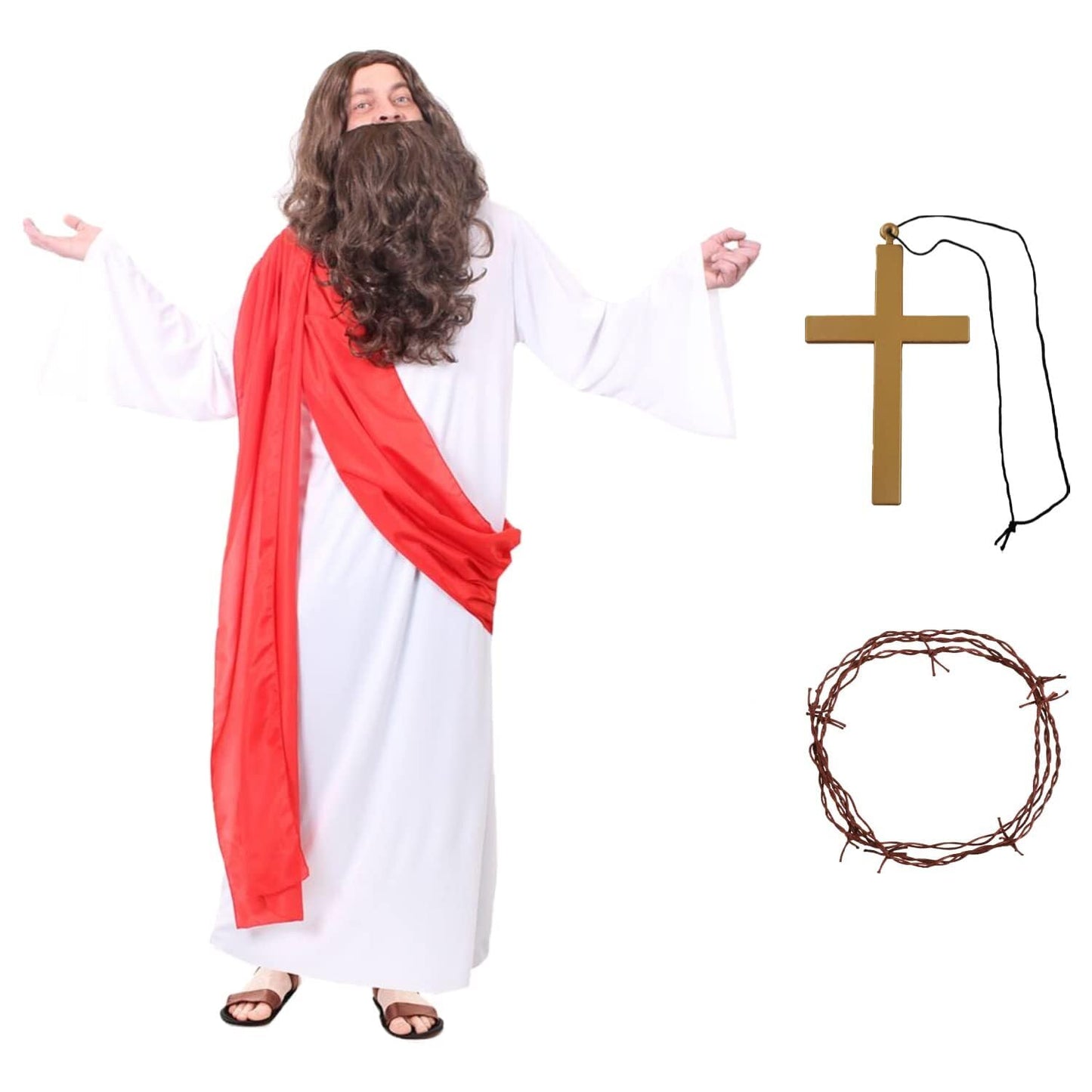 Jesus Christ Costume - X-Large - White Robe with Red Sash with Wig and Beard, Gold Cross and Crown of Thorns - Mens Funny Fancy Dress Party Costume