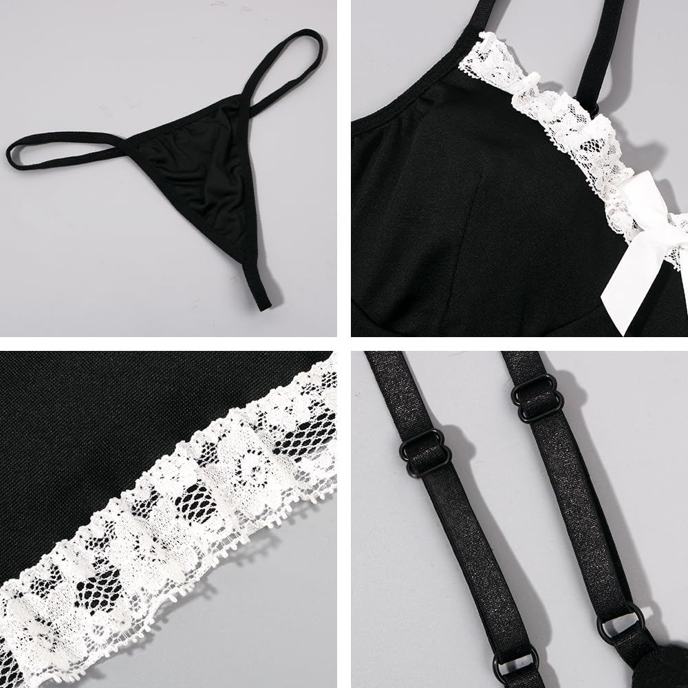 Women Maid Costume Set French Maid Fancy Sling Dress Spaghetti (image 6)