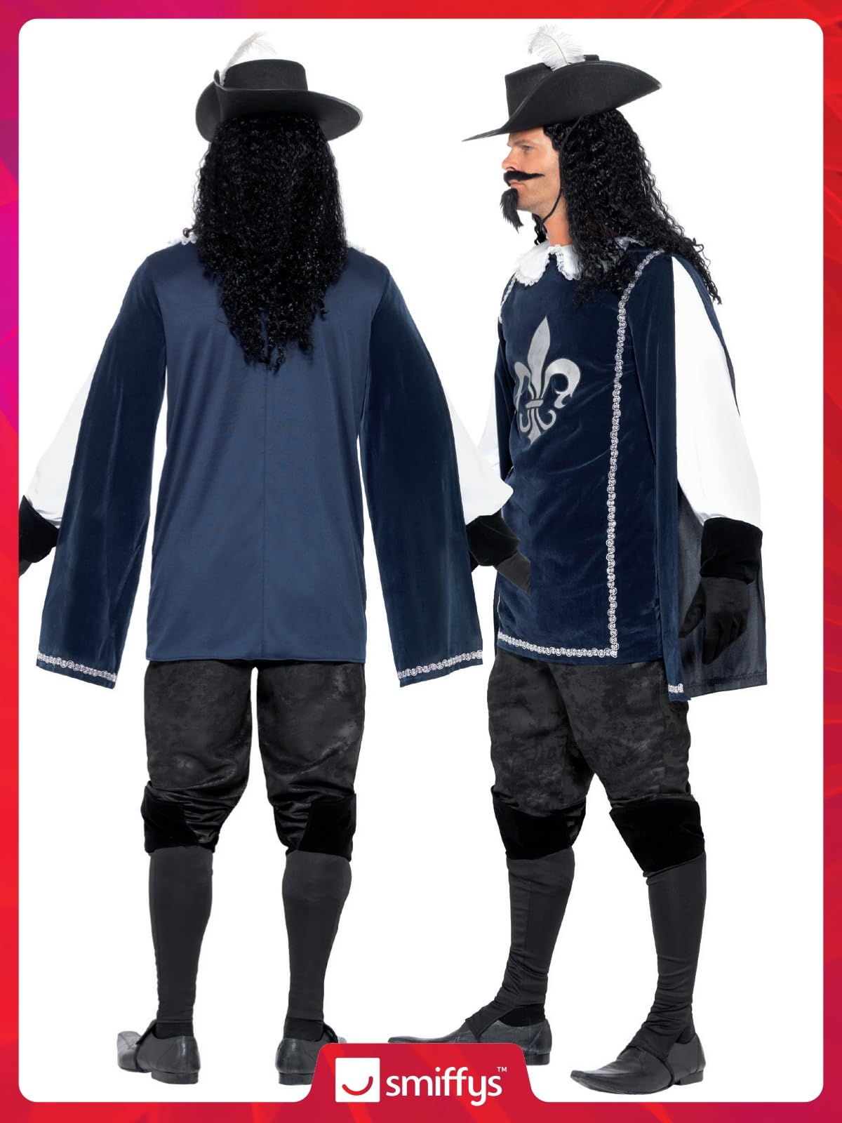 Smiffys Musketeer Male Costume, with Top, Hat, Navy Gloves, Boot Covers, Beard & Tash, Historical Fancy Dress, Medieval Dress Up Costumes