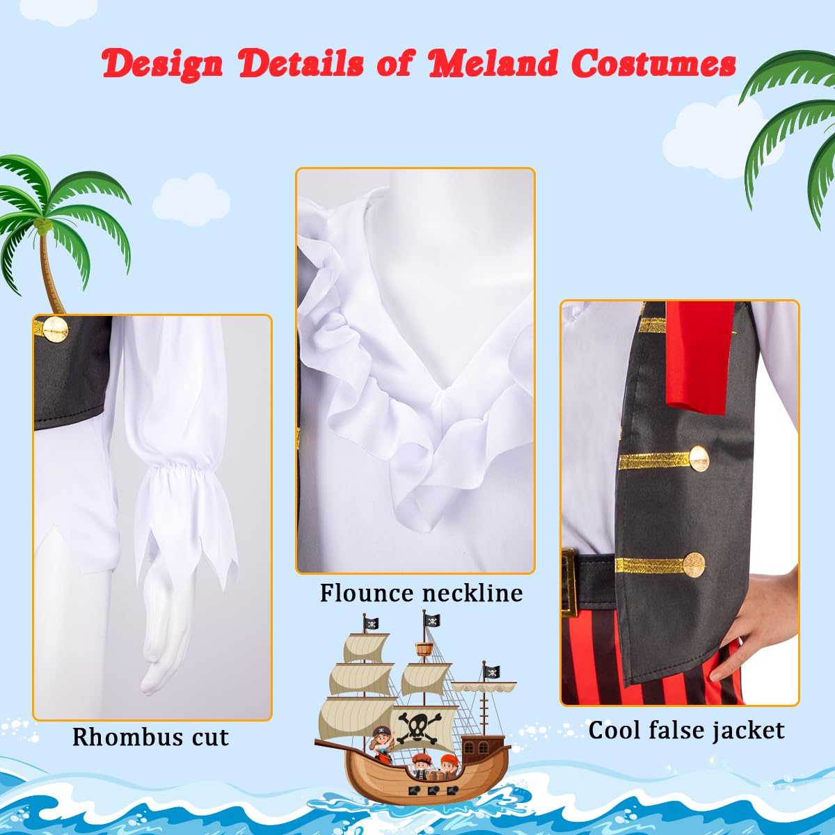 MELAND Pirate Costume Kids, Boys Girls Dress up with Pirate Hat, Boot-covers for Kids Aged 3 to 10, Fancy Dress for Kids & Toddlers Pirate Day Halloween Costumes (Black, M(5-6 Years))