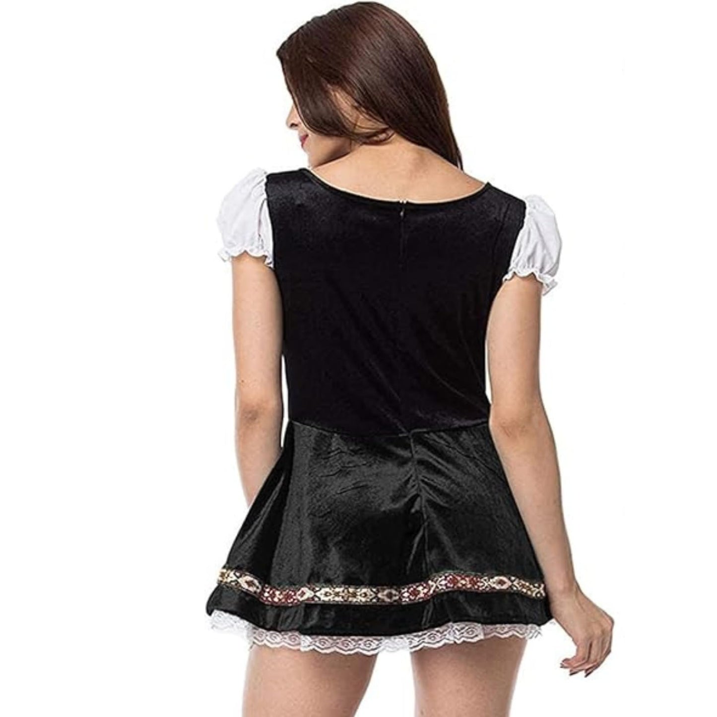 maxToonrain Oktoberfest Outfit Women Puff Sleeve Velvet Bavarian Beer Maid Dress with Foral Embroidery, Lace Trim, Apron & Choker for Halloween, Themed Parties & Beer Festivals (Black, L)