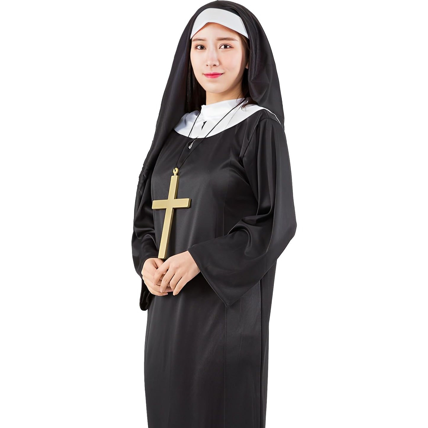 Alaiyaky Nun Outfit for Adult, Priest Costume Suit, Vicar Outfit, Monk Costume With White Collar Cross Necklace, Halloween Fancy Dress for Men Women (Female, XXL)