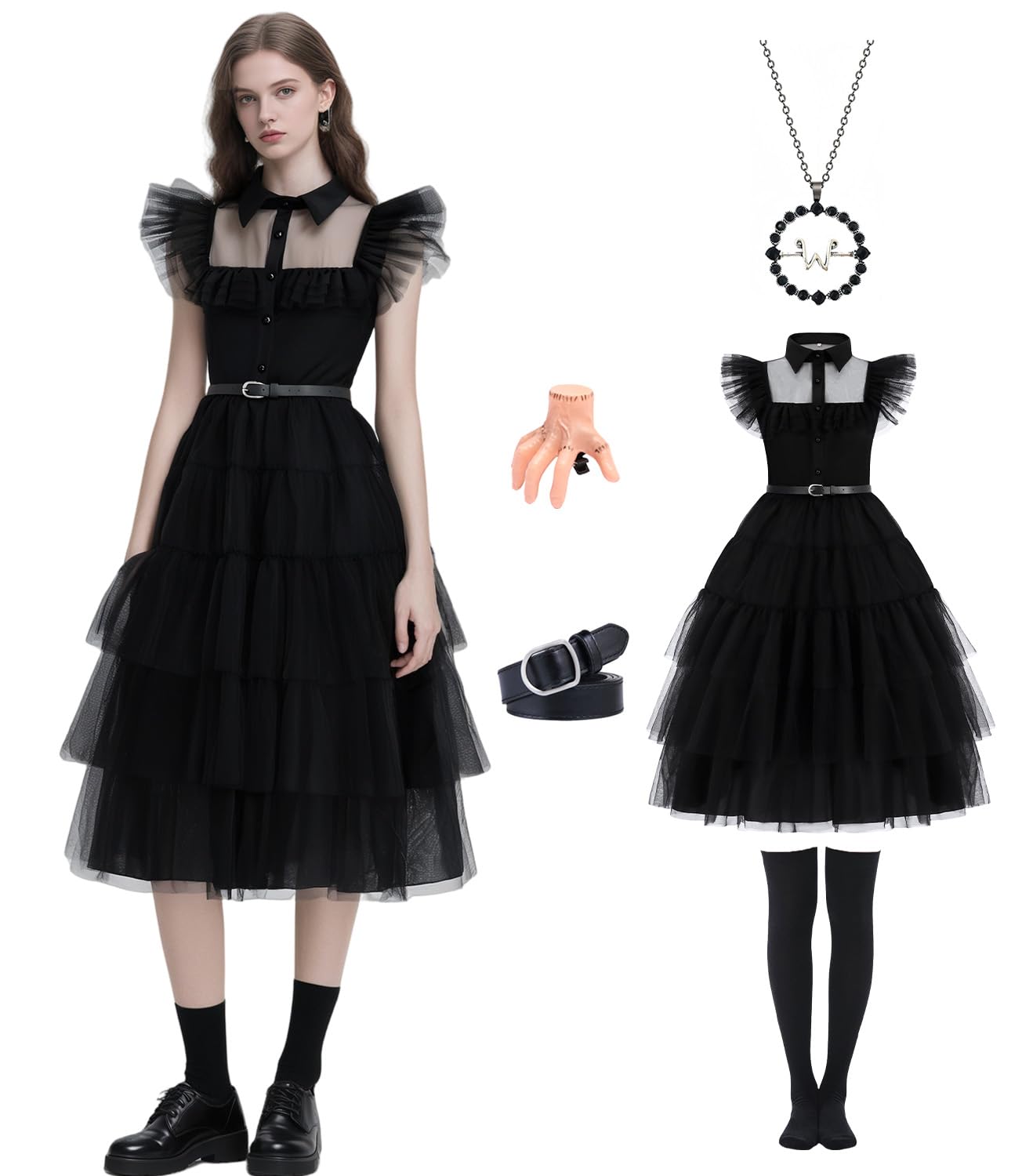 Enenblau Wednesday Addams Costume Women's Ball Gown Black Tulle Dance Dress Gothic Style Halloween Costume Set Including Knee Stockings, Chain, Hair Clip EB003XL