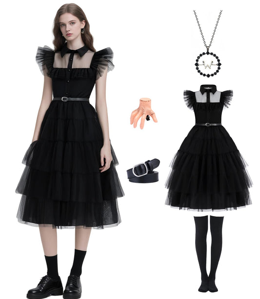 Enenblau Wednesday Addams Costume Women's Ball Gown Black Tulle Dance Dress Gothic Style Halloween Costume Set Including Knee Stockings, Chain, Hair Clip EB003XL