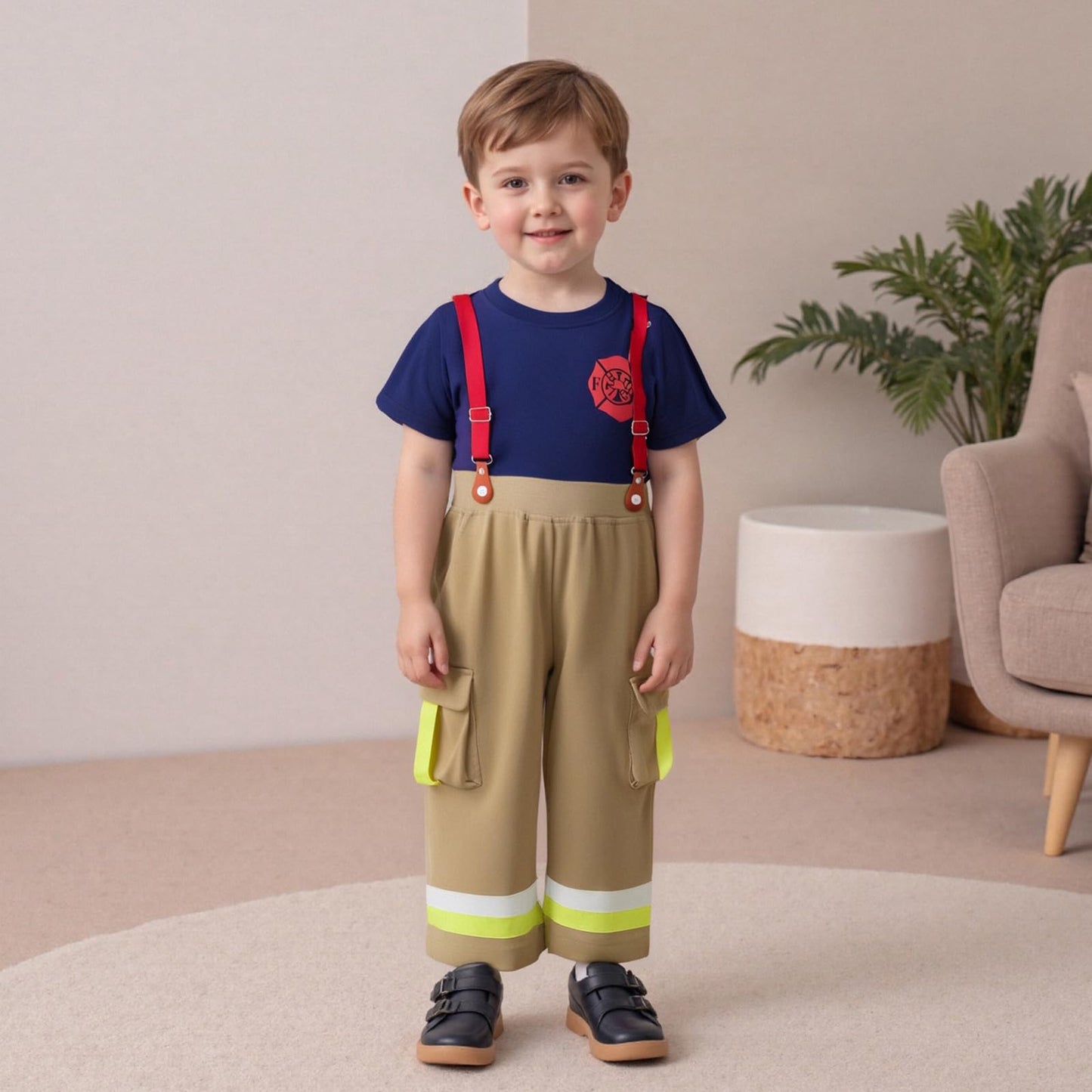 FeMereina Kids Firefighter Outfit For Boys Girls Fire Fighter Themed Halloween Cosplay Outfit Toddler Fireman Clothes (Blue, 4-5T)