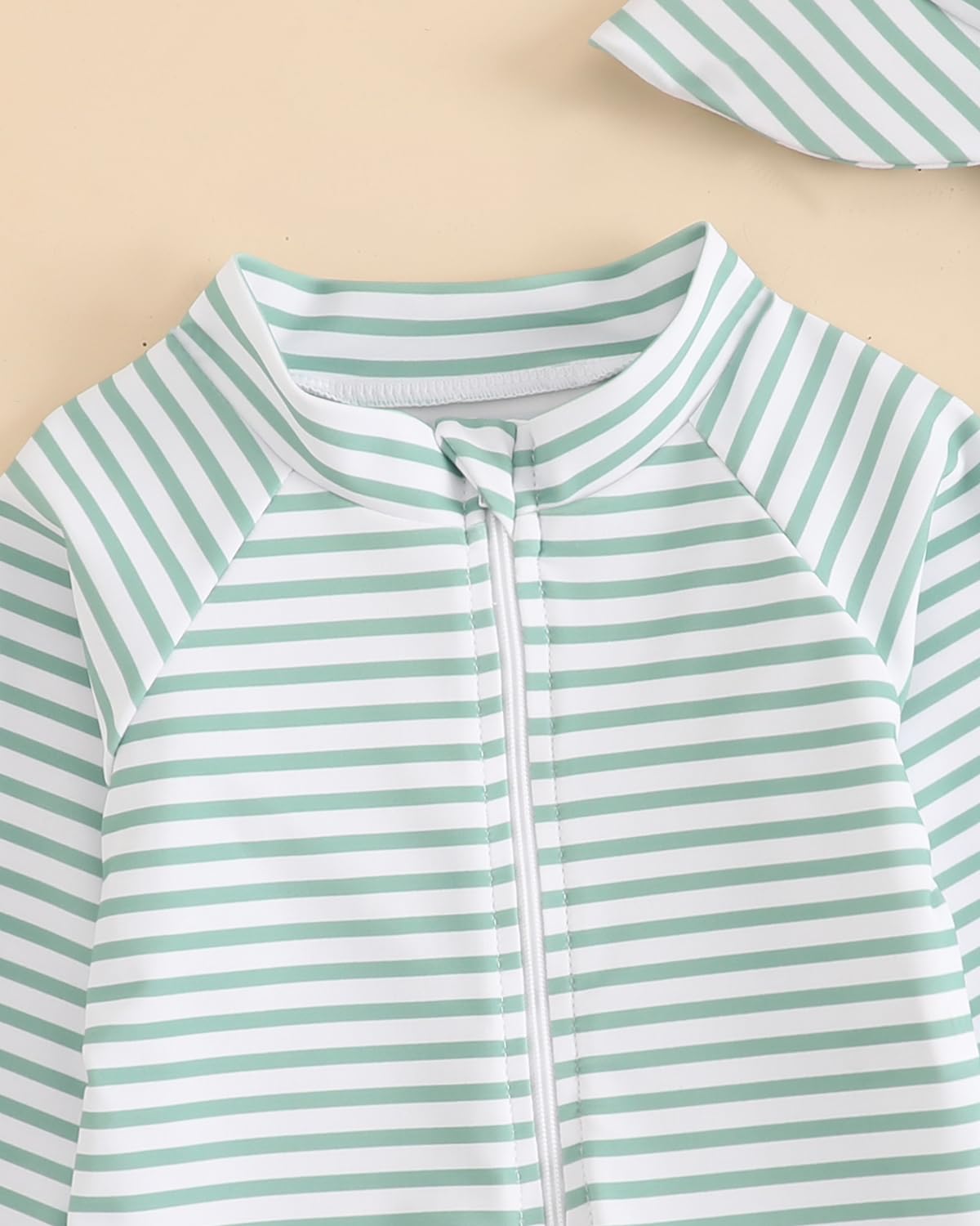 Baby Swimsuit Boy Girl Rash Vest Set 0M-3T, Long Sleeve UPF 50+ Infant Swimming Costume with Hat, Zipper Toddler One Piece Rash Guard Swimwear, Green Stripe 1-2 Years