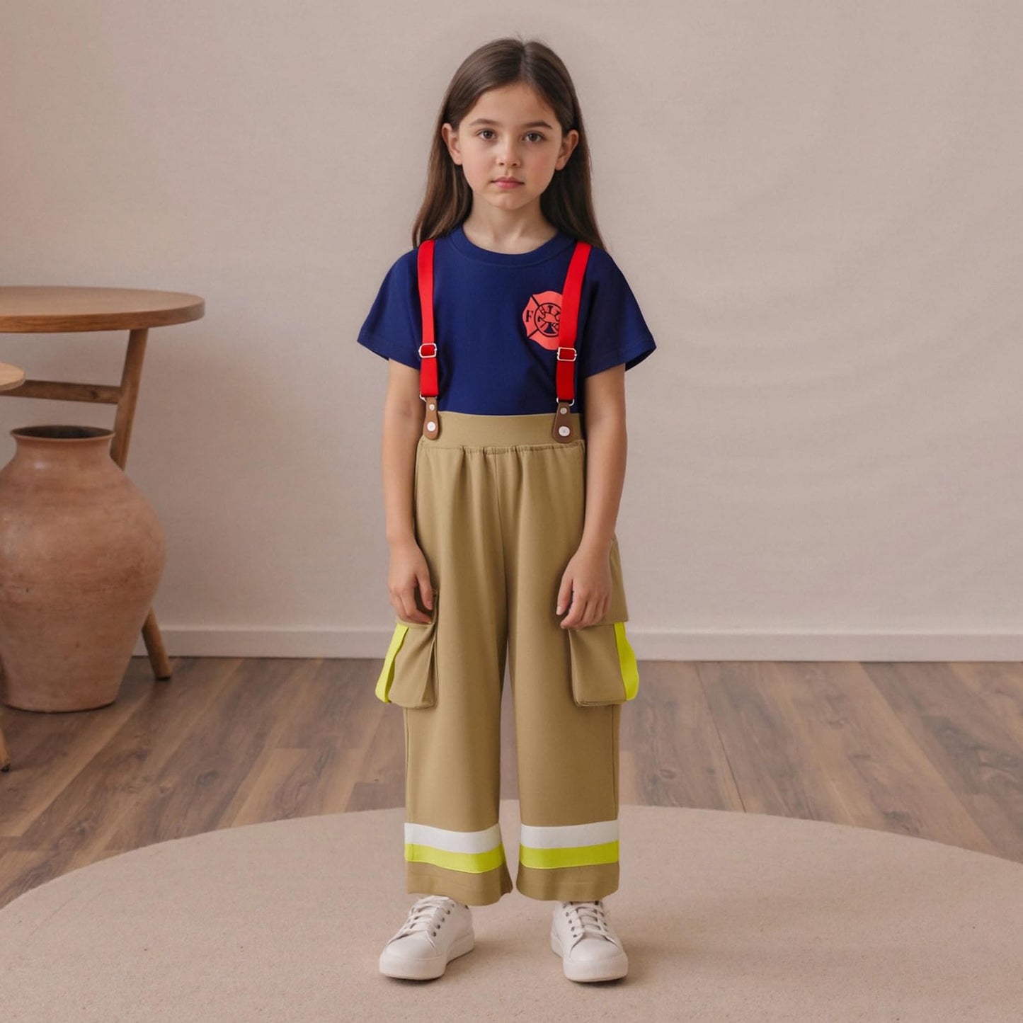 FeMereina Kids Firefighter Outfit For Boys Girls Fire Fighter Themed Halloween Cosplay Outfit Toddler Fireman Clothes (Blue, 4-5T)