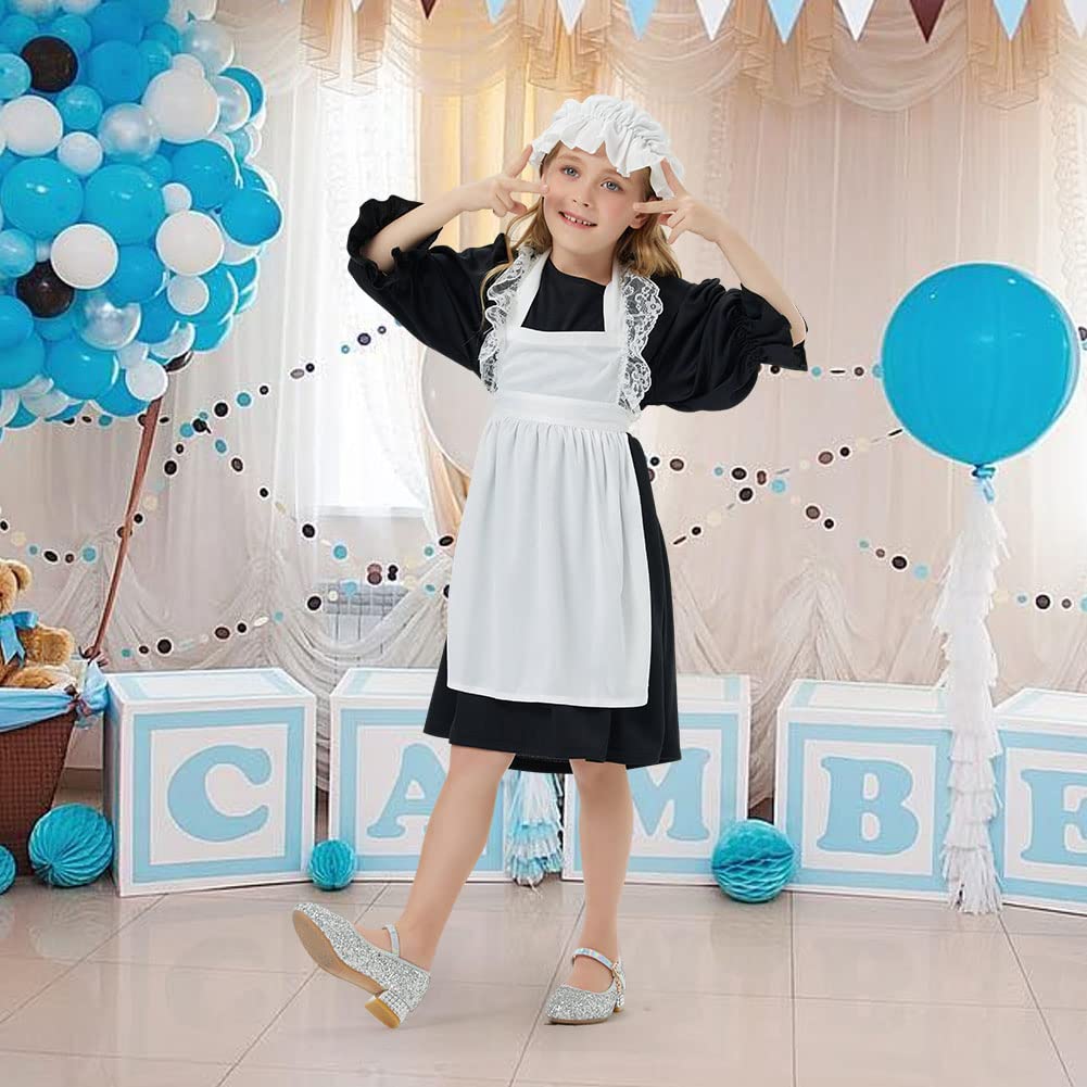 AOMIG Victorian Maid Costume, Village Medieval Dress with Mop Cap & Socks, Kids Poor Outfit Fancy Costumes for Halloween Cosplay, World Book Day, Black, (C2-M-Bl230324-FBA)