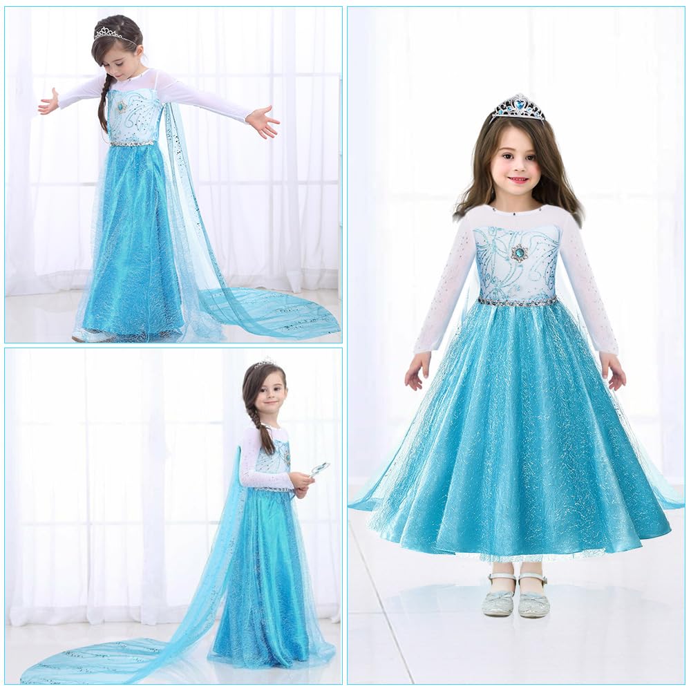 URAQT Princess Dress, Princess Costume with Crown Wand Gloves and Tiara, Costumes with Accessories for Girls, Kids Fancy Dress for Carnival Party Halloween Cosplay,110
