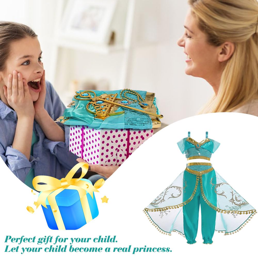 BSBUY Jasmine Princess Costume for Girls Two-Piece Sequined Dress Up, Aladdin Themed Outfit for Birthday Halloween Party Carnival Cosplay