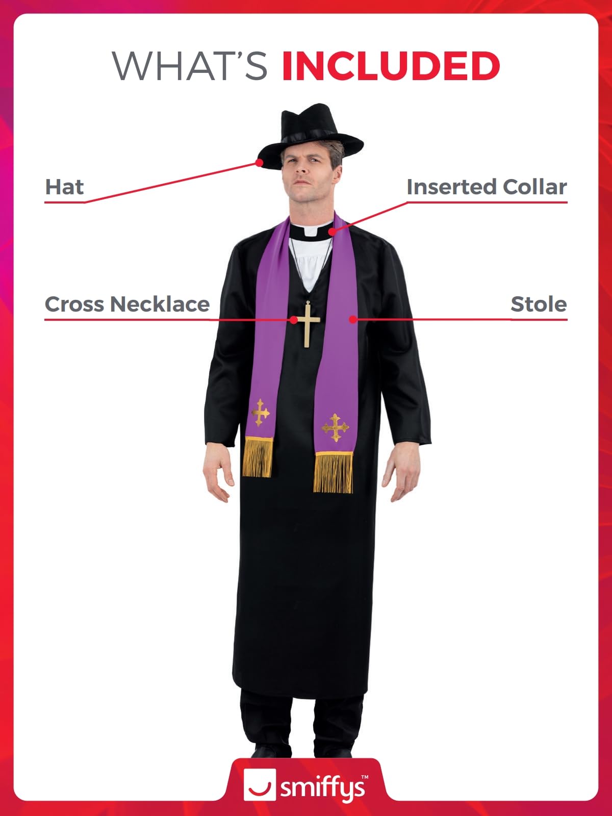 Smiffys The Exorcist Father Merrin Priest Costume for Adults, Robe, Inserted Collar, Stole, Cross Necklace & Hat, Official Exorcist License Costume with Hat & Collar Detail