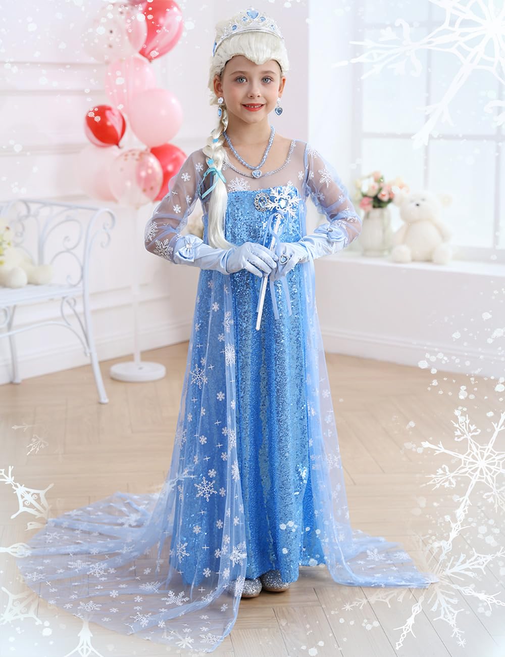 Tyidalin Princess Elsa Dress Snow Queen Costume for Girls with Cape Party Halloween Cosplay, Blue, 6-7 Years(Tag 140)