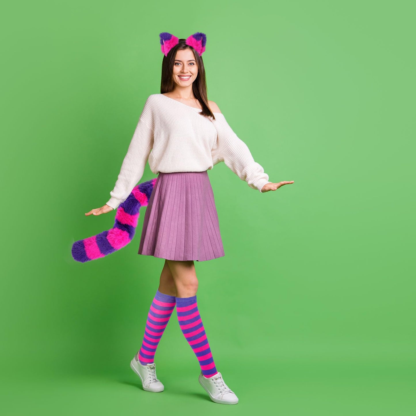 Pink Purple Striped Cat Costume Include Cat Ears Headband - Furry