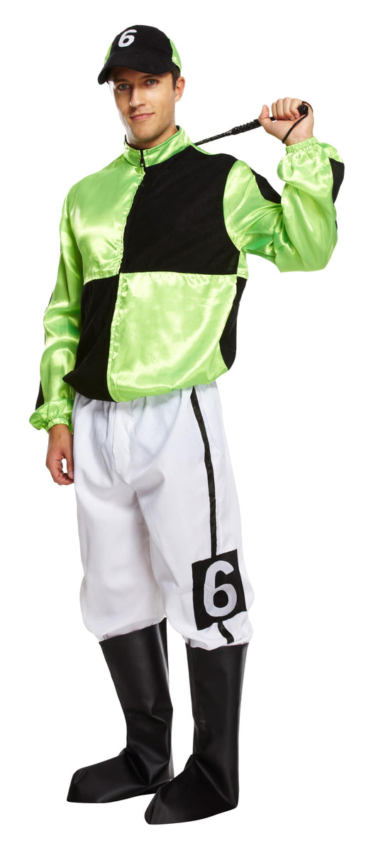 Adult mens green and black horse jockey outfit with hat