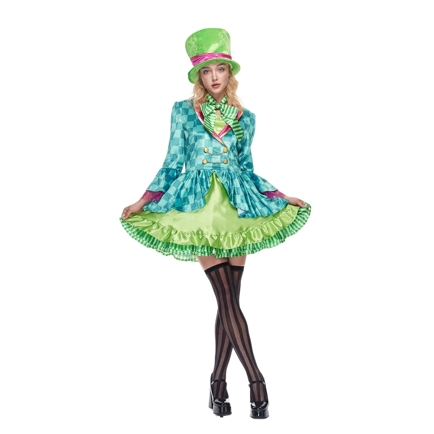 EraSpooky Adult Women Hatter Costume Mad Tea Party Halloween Cosplay with Bowtie Top Hat