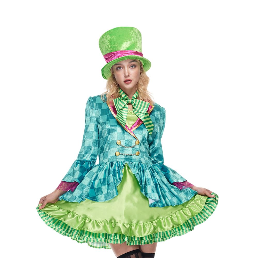 EraSpooky Adult Women Hatter Costume Mad Tea Party Halloween Cosplay with Bowtie Top Hat