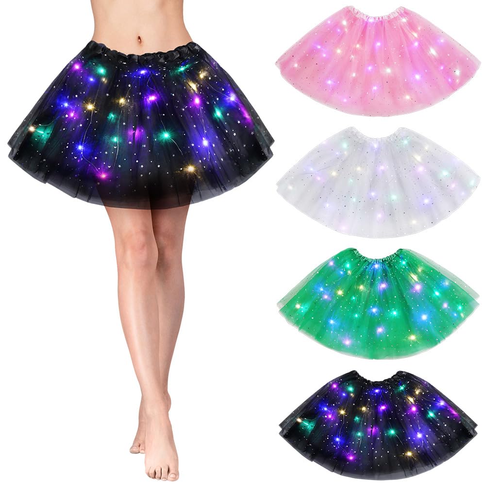 URAQT Tulle Tutu Skirts for Women LED Light Up, Tutu Skirts Sequins Stars Elastic, Tutu Adult Teen Skirt Ballet Dance Festival Outfit Halloween Party Costume # Black