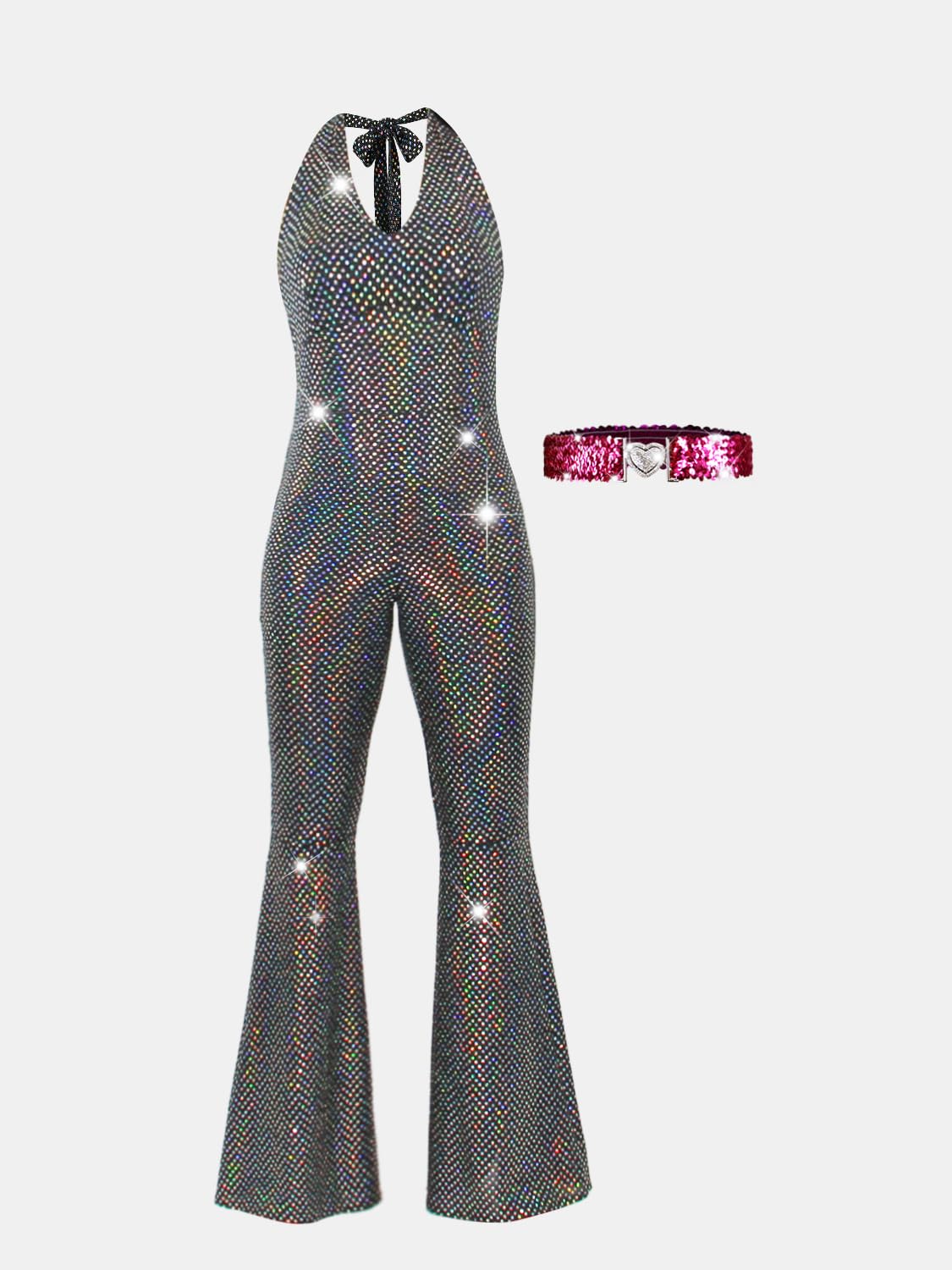 Muztagata Disco Outfit 70s 80s Prom Sparkle Flare Jumpsuit Party Costume Halloween Cosplay For Adult Women-XX-Large