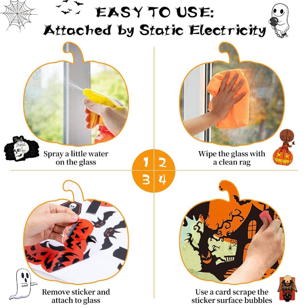 Halloween Decorations | 8 Sheet Halloween Window Stickers Clings Decals | Double Sided Reuseable Bats Spider Ghost Pumpkin Halloween Party |