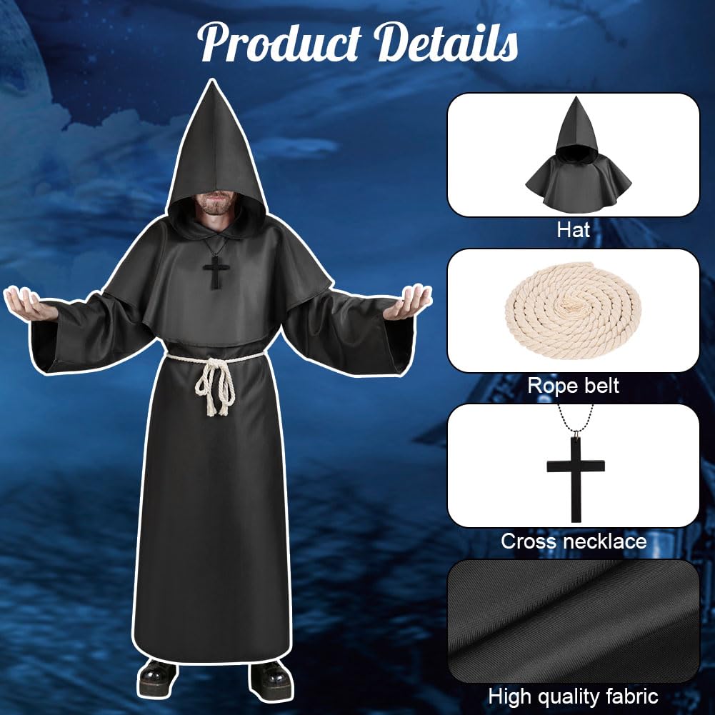 Aomig Monk Costume, 4 Pcs Medieval Friar Hooded Monk Cape Renaissance Wizard for Adult Women Men, Pastor Outfit Priest Robe Costume Halloween Fancy Dress Christmas Party Cosplay Costume (XL, Black)